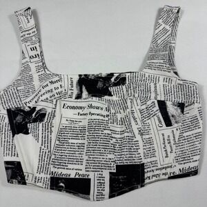 et clet Newspaper Print Corset Top Small Black White Zip Back Sleeveless‎ Crop